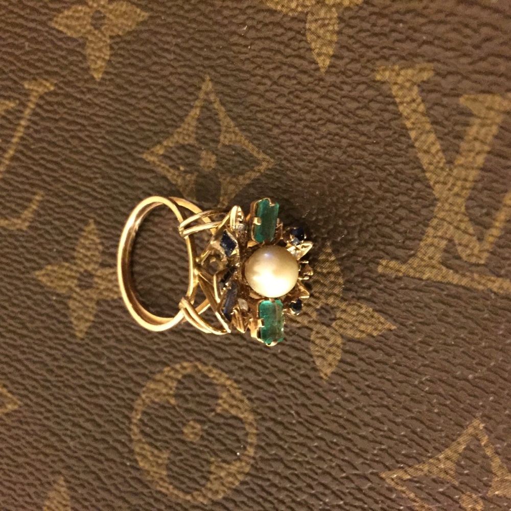 ANTIQUE RING 24KGOLD EMERALDS SAPPHIRE /DIA